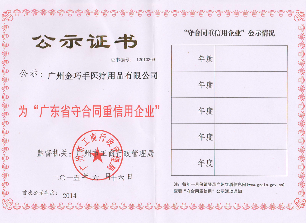 广东省守合同重信用企业荣誉证书